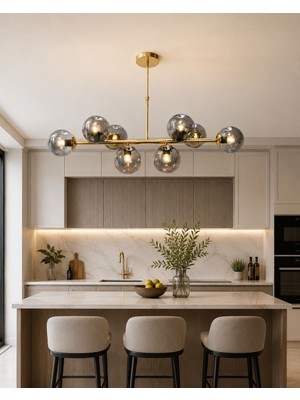 LED Yeni Model 100 cm 8 Li Füme Camlı Avize Gold Renk Ithal Model