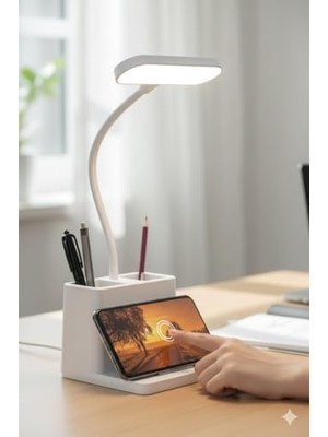 USB Şarjlı LED Masa Lambası Kalemlikli Dokunmatik 3 Kademeli Işık Ayarı 360 Derece Dönebilen Göz Koruma Masa Lambası Ofis Çalışma Gece Lambası