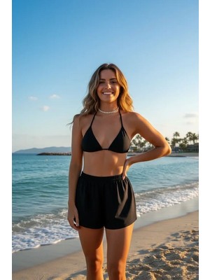 mery Siyah Şortlu Bağlamalı Bikini Takımı Üçgen Kesim Ayarlanabilir Esnek Kumaş Kadın Mayo Seti