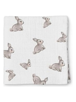 Muslin Bebek ÖRTÜSÜ,%100 Pamuk, Beyaz, 120X120 Cm, Iconique Lapin Desenli, Oeko-Tex Sertifikalı