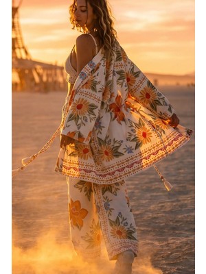 Fashion Cocktail Island Girl Vintage Bağlamalı Tropikal Kollu Kimono ve Lastik Bel Geniş Paça Cepli Pantolon Yazlık Bohem Boho Bohem Set Takım