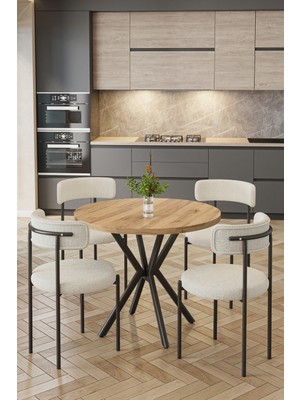 Baresmu Barted Masa Sandalye Takımı 4 Kişilik | Yuvarlak Atlantik Çam 90 cm | Teddy Sandalyeli Modern