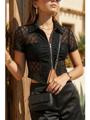 Fashion Cocktail Feminen Transparan Çift Fermuarlı Polo Yakalı Dantel Parti Gece Y2K Gotik Bluz Crop