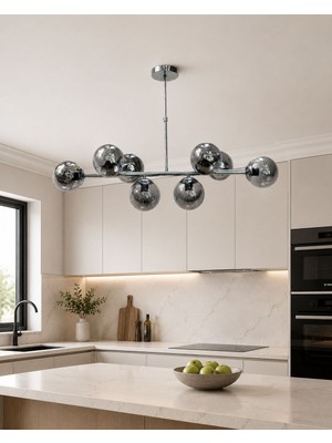 LED Yeni Model 100 cm 8 Li Füme Camlı Avize Krom Renk Ithal Model