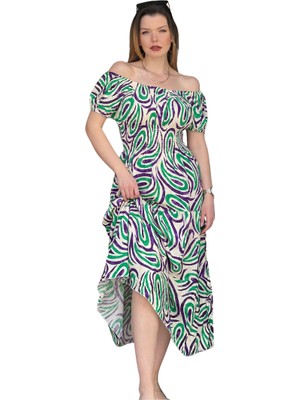 Etki Moda Kadın Desenli Düşük Yaka Beli Büzgülü Uzun Elbise