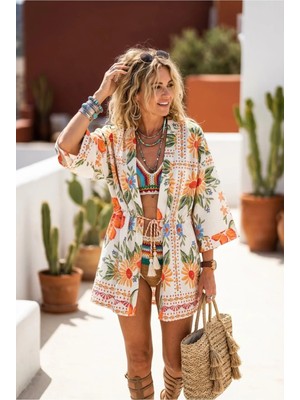 Fashion Cocktail Island Girl Bağcıklı Tropikal Truvakar Kol Sahil Plaj Tatil Yazlık Ceket Kimono Pareo Kaftan
