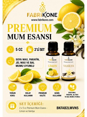 Fabrikone Premium Mum Esansı 5 cc 2'li Set - Limon, Vanilya - Soya Wax, Parafin, Jel Wax ve Bal Mumu Uyumlu BKFAB2LMVN5