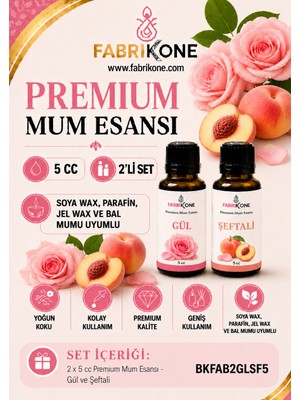 Fabrikone Premium Mum Esansı 5 cc 2'li Set - Gül, Şeftali - Soya Wax, Parafin, Jel Wax ve Bal Mumu Uyumlu BKFAB2GLSF5