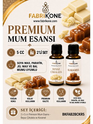 Fabrikone Premium Mum Esansı 5 cc 2'li Set - Beyaz Çikolata, Karamel - Soya Wax, Parafin, Jel Wax ve Bal Mumu Uyumlu BKFAB2BCKR5