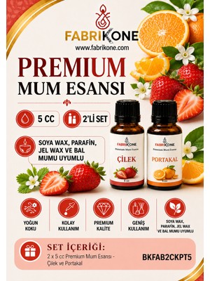Fabrikone Premium Mum Esansı 5 cc 2'li Set - Çilek, Portakal - Soya Wax, Parafin, Jel Wax ve Bal Mumu Uyumlu BKFAB2CKPT5