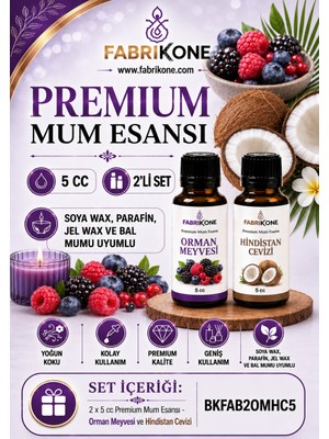 Fabrikone Premium Mum Esansı 5 cc 2'li Set - Orman Meyvesi, Hindistan Cevizi - Soya Wax, Parafin, Jel Wax ve Bal Mumu Uyumlu BKFAB2OMHC5