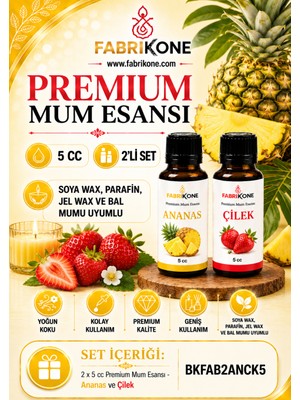 Fabrikone Premium Mum Esansı 5 cc 2'li Set - Ananas, Çilek - Soya Wax, Parafin, Jel Wax ve Bal Mumu Uyumlu BKFAB2ANCK5