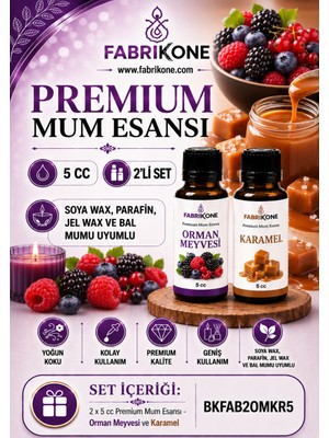 Fabrikone Premium Mum Esansı 5 cc 2'li Set - Orman Meyvesi, Karamel - Soya Wax, Parafin, Jel Wax ve Bal Mumu Uyumlu BKFAB2OMKR5