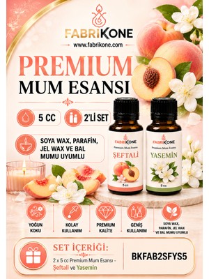 Fabrikone Premium Mum Esansı 5 cc 2'li Set - Şeftali, Yasemin - Soya Wax, Parafin, Jel Wax ve Bal Mumu Uyumlu BKFAB2SFYS5