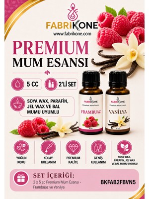 Fabrikone Premium Mum Esansı 5 cc 2'li Set - Frambuaz, Vanilya - Soya Wax, Parafin, Jel Wax ve Bal Mumu Uyumlu BKFAB2FBVN5