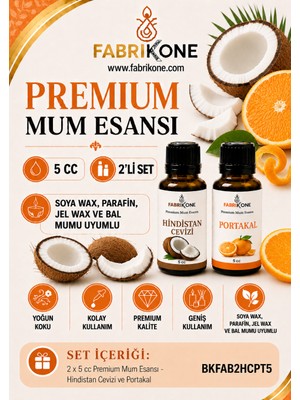 Fabrikone Premium Mum Esansı 5 cc 2'li Set - Hindistan Cevizi, Portakal - Soya Wax, Parafin, Jel Wax ve Bal Mumu Uyumlu BKFAB2HCPT5
