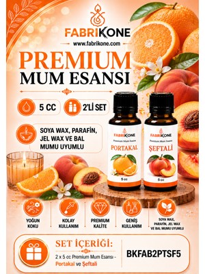 Fabrikone Premium Mum Esansı 5 cc 2'li Set - Portakal, Şeftali - Soya Wax, Parafin, Jel Wax ve Bal Mumu Uyumlu BKFAB2PTSF5