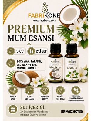 Fabrikone Premium Mum Esansı 5 cc 2'li Set - Hindistan Cevizi, Yasemin - Soya Wax, Parafin, Jel Wax ve Bal Mumu Uyumlu BKFAB2HCYS5