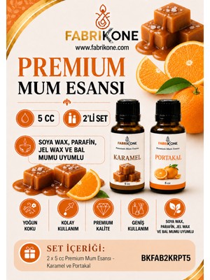 Fabrikone Premium Mum Esansı 5 cc 2'li Set - Karamel, Portakal - Soya Wax, Parafin, Jel Wax ve Bal Mumu Uyumlu BKFAB2KRPT5