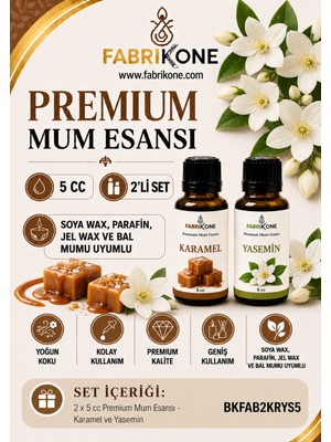 Fabrikone Premium Mum Esansı 5 cc 2'li Set - Karamel, Yasemin - Soya Wax, Parafin, Jel Wax ve Bal Mumu Uyumlu BKFAB2KRYS5