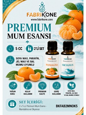 Fabrikone Premium Mum Esansı 5 cc 2'li Set - Mandalina, Okyanus - Soya Wax, Parafin, Jel Wax ve Bal Mumu Uyumlu BKFAB2MNOK5