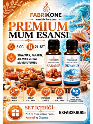 Fabrikone Premium Mum Esansı 5 cc 2'li Set - Karamel, Okyanus - Soya Wax, Parafin, Jel Wax ve Bal Mumu Uyumlu BKFAB2KROK5