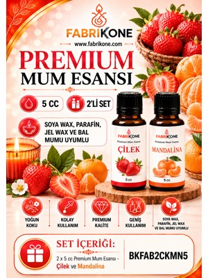 Fabrikone Premium Mum Esansı 5 cc 2'li Set - Çilek, Mandalina - Soya Wax, Parafin, Jel Wax ve Bal Mumu Uyumlu BKFAB2CKMN5