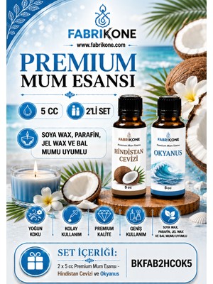 Fabrikone Premium Mum Esansı 5 cc 2'li Set - Hindistan Cevizi, Okyanus - Soya Wax, Parafin, Jel Wax ve Bal Mumu Uyumlu BKFAB2HCOK5
