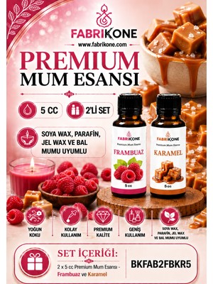 Fabrikone Premium Mum Esansı 5 cc 2'li Set - Frambuaz, Karamel - Soya Wax, Parafin, Jel Wax ve Bal Mumu Uyumlu BKFAB2FBKR5
