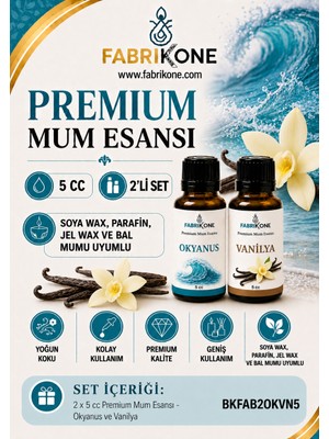 Fabrikone Premium Mum Esansı 5 cc 2'li Set - Okyanus, Vanilya - Soya Wax, Parafin, Jel Wax ve Bal Mumu Uyumlu BKFAB2OKVN5