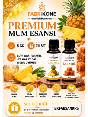 Fabrikone Premium Mum Esansı 5 cc 2'li Set - Ananas, Karamel - Soya Wax, Parafin, Jel Wax ve Bal Mumu Uyumlu BKFAB2ANKR5