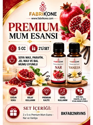 Fabrikone Premium Mum Esansı 5 cc 2'li Set - Nar, Vanilya - Soya Wax, Parafin, Jel Wax ve Bal Mumu Uyumlu BKFAB2NRVN5