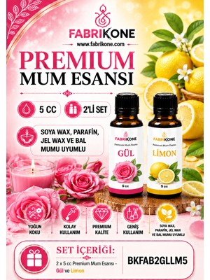 Fabrikone Premium Mum Esansı 5 cc 2'li Set - Gül, Limon - Soya Wax, Parafin, Jel Wax ve Bal Mumu Uyumlu BKFAB2GLLM5