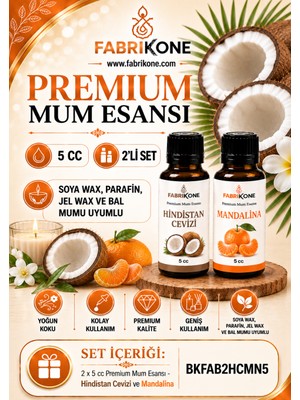 Fabrikone Premium Mum Esansı 5 cc 2'li Set - Hindistan Cevizi, Mandalina - Soya Wax, Parafin, Jel Wax ve Bal Mumu Uyumlu BKFAB2HCMN5
