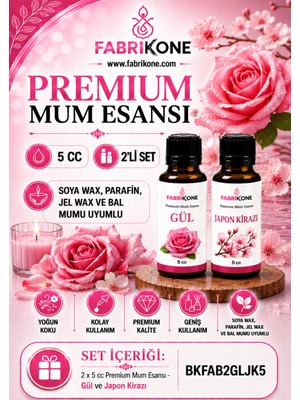 Fabrikone Premium Mum Esansı 5 cc 2'li Set - Gül, Japon Kirazı - Soya Wax, Parafin, Jel Wax ve Bal Mumu Uyumlu BKFAB2GLJK5