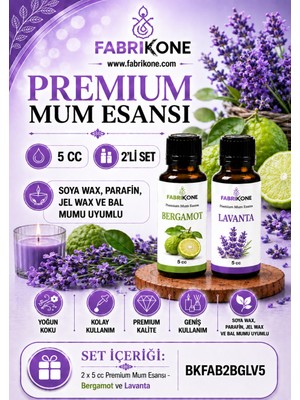 Fabrikone Premium Mum Esansı 5 cc 2'li Set - Bergamot, Lavanta - Soya Wax, Parafin, Jel Wax ve Bal Mumu Uyumlu BKFAB2BGLV5