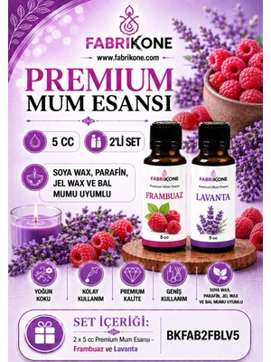 Fabrikone Premium Mum Esansı 5 cc 2'li Set - Frambuaz, Lavanta - Soya Wax, Parafin, Jel Wax ve Bal Mumu Uyumlu BKFAB2FBLV5