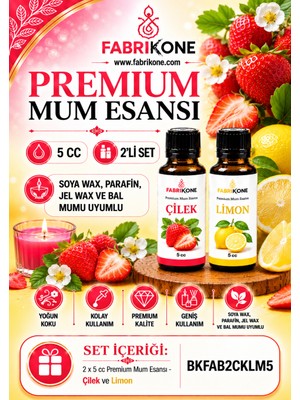 Fabrikone Premium Mum Esansı 5 cc 2'li Set - Çilek, Limon - Soya Wax, Parafin, Jel Wax ve Bal Mumu Uyumlu BKFAB2CKLM5