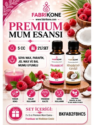 Fabrikone Premium Mum Esansı 5 cc 2'li Set - Frambuaz, Hindistan Cevizi - Soya Wax, Parafin, Jel Wax ve Bal Mumu Uyumlu BKFAB2FBHC5