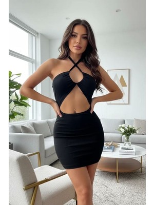 mery Kadın Siyah Özel Tasarım Sırt ve Göğüs Dekolteli Boyundan Bağlamalı Gecelik Şık Gece Giyi