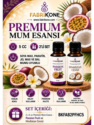 Fabrikone Premium Mum Esansı 5 cc 2'li Set - Passion Fruit, Hindistan Cevizi - Soya Wax, Parafin, Jel Wax ve Bal Mumu Uyumlu BKFAB2PFHC5