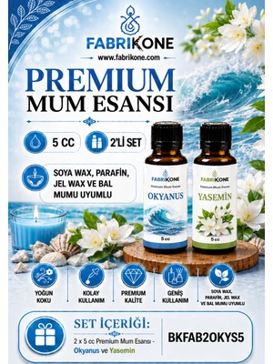 Fabrikone Premium Mum Esansı 5 cc 2'li Set - Okyanus, Yasemin - Soya Wax, Parafin, Jel Wax ve Bal Mumu Uyumlu BKFAB2OKYS5