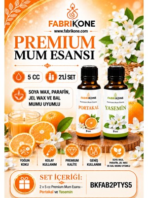 Fabrikone Premium Mum Esansı 5 cc 2'li Set - Portakal, Yasemin - Soya Wax, Parafin, Jel Wax ve Bal Mumu Uyumlu BKFAB2PTYS5