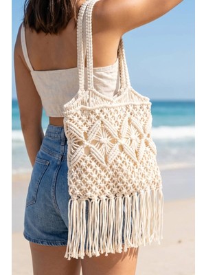Fashion Cocktail Western Saçaklı Püsküllü Makrome Örme Örgü Içi Bohçalı Plaj Sahil Deniz Tatil El Omuz Çantası