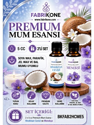 Fabrikone Premium Mum Esansı 5 cc 2'li Set - Hindistan Cevizi, Menekşe - Soya Wax, Parafin, Jel Wax ve Bal Mumu Uyumlu BKFAB2HCME5