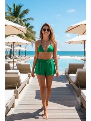 Yeşil Şortlu Üçgen Bikini Takımı Bağlamalı Esnek Kumaş Rahat Kadın Mayo Seti Mery Woman