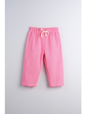 Bondberro Flamlı Müslin Bol Kesim Unisex Çocuk Pantolonu %100 Pamuk Fuşya