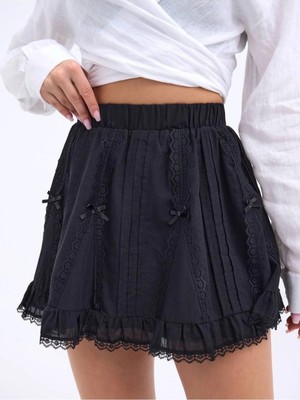 Fashion Cocktail Minik Fiyonklu Dantel Şeritli Esnek Lastik Bel Kombin Gotik Etek Siyah