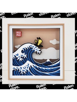 Ralen Japon Dalga Pikachu Shadow Box Tablo – 3D Katmanlı Anime Tasarım Çerçeve | Pikachu ve Büyük Dalga Temalı Dekoratif Duvar Süsü | Modern LED Uyumlu Anime Dekoratif Shadow Box