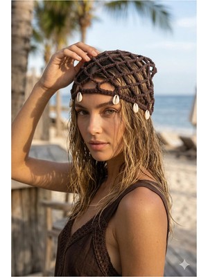 Fashion Cocktail Coachella Stili Deniz Kabuklu Delikli Makrome Saç Filesi Örgü Saç Bonesi Bohem Boho File Saç Bandı Aksesuarı Tatil Plaj Sahil Şapka Başlık Bere